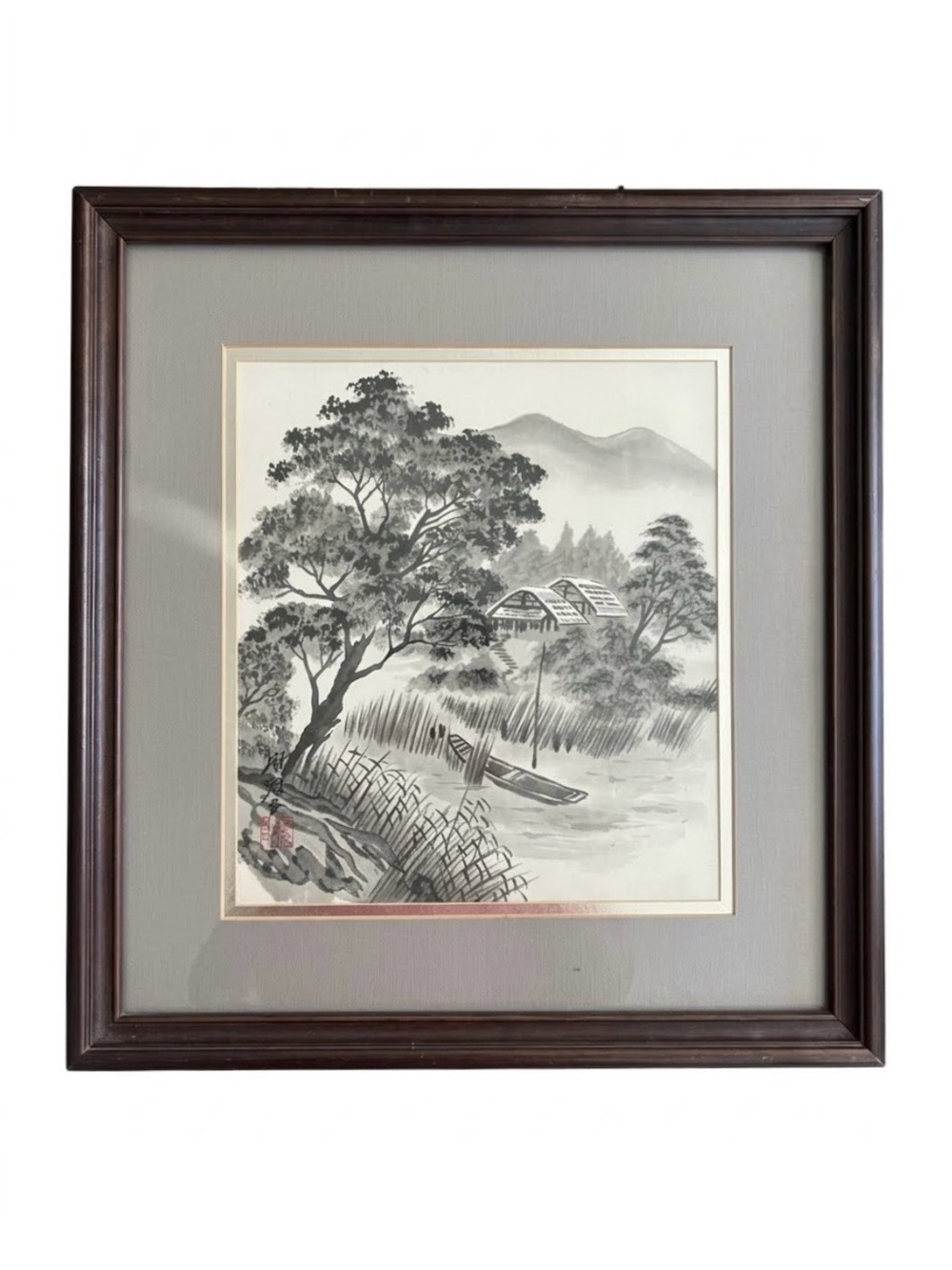 Japanese Sumi-e Original Landscape Painting Framed Wall Art Signed Stamped VTG
